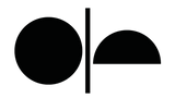 Black geometric logo with two circles and a line on a white background