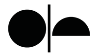 Black geometric logo with two circles and a line on a white background